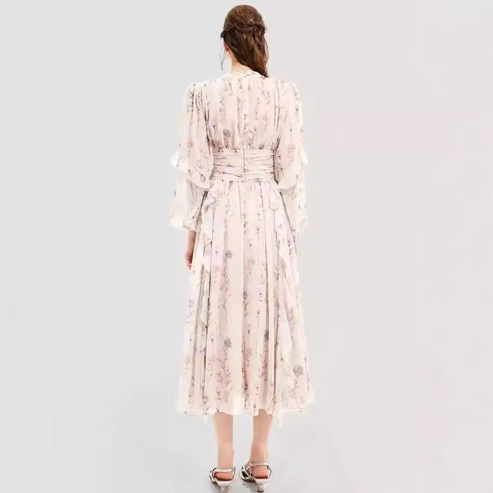 Women's midi dress with floral embroidery and elegant ruffled hem Lisslune