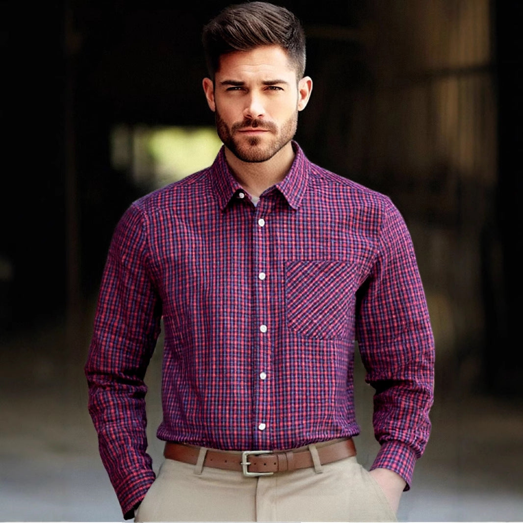 Men's long-sleeved checkered shirt with chest pocket and fashionable cut Lisslune