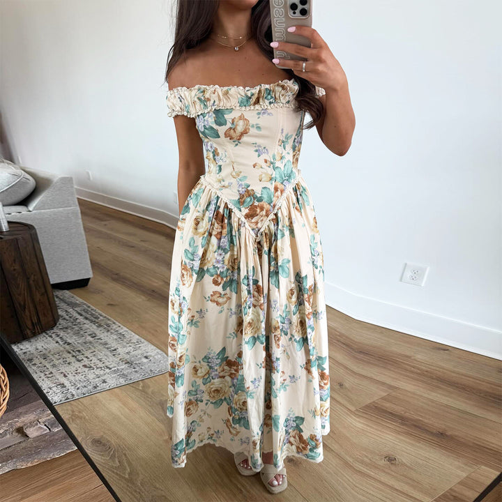 Women Off-Shoulder Maxi Dress with Floral Accents and Gathered Top