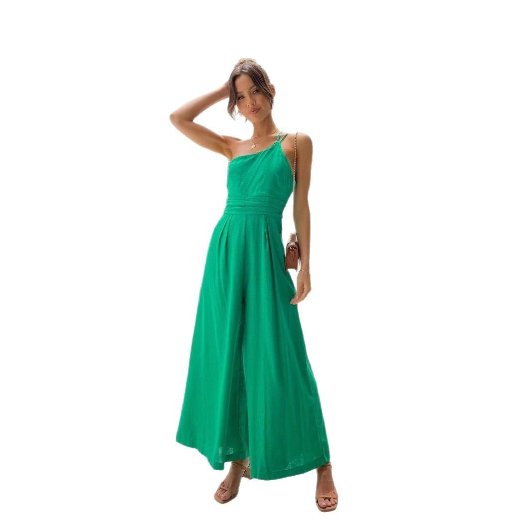 Women's jumpsuit in fashionable wrap design with wide leg and off-shoulder cut