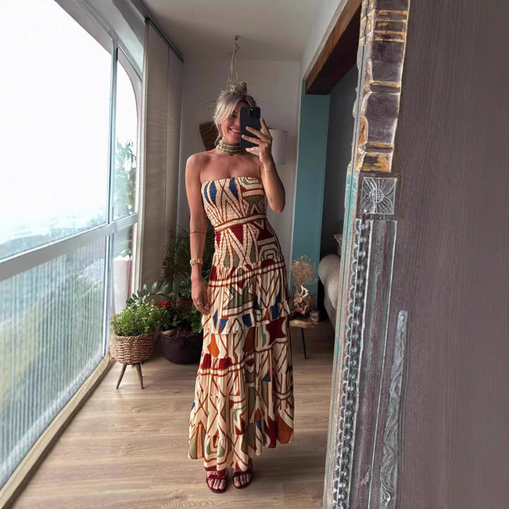 Women's maxi dress with sophisticated ruffle design and elastic waist insert Lune London