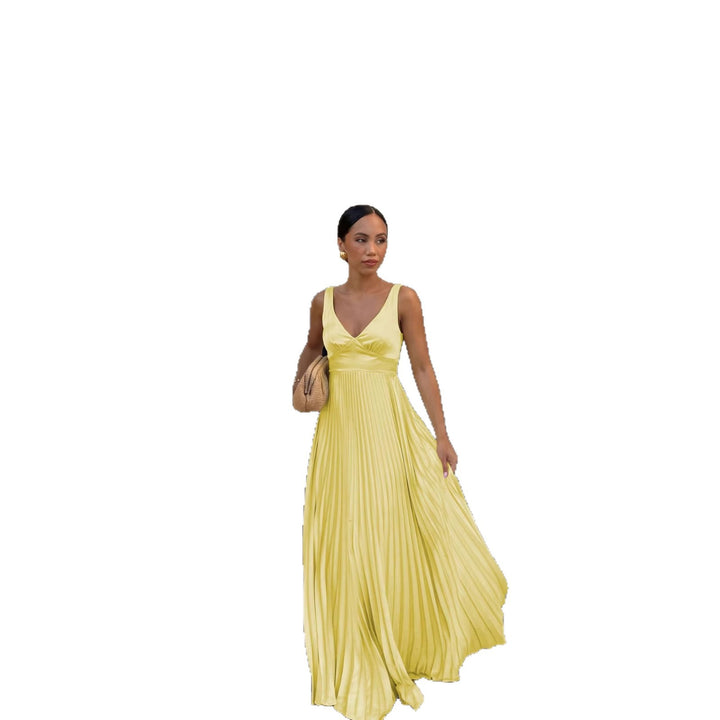 Women's pleated dress with deep V-neckline and elegant silhouette