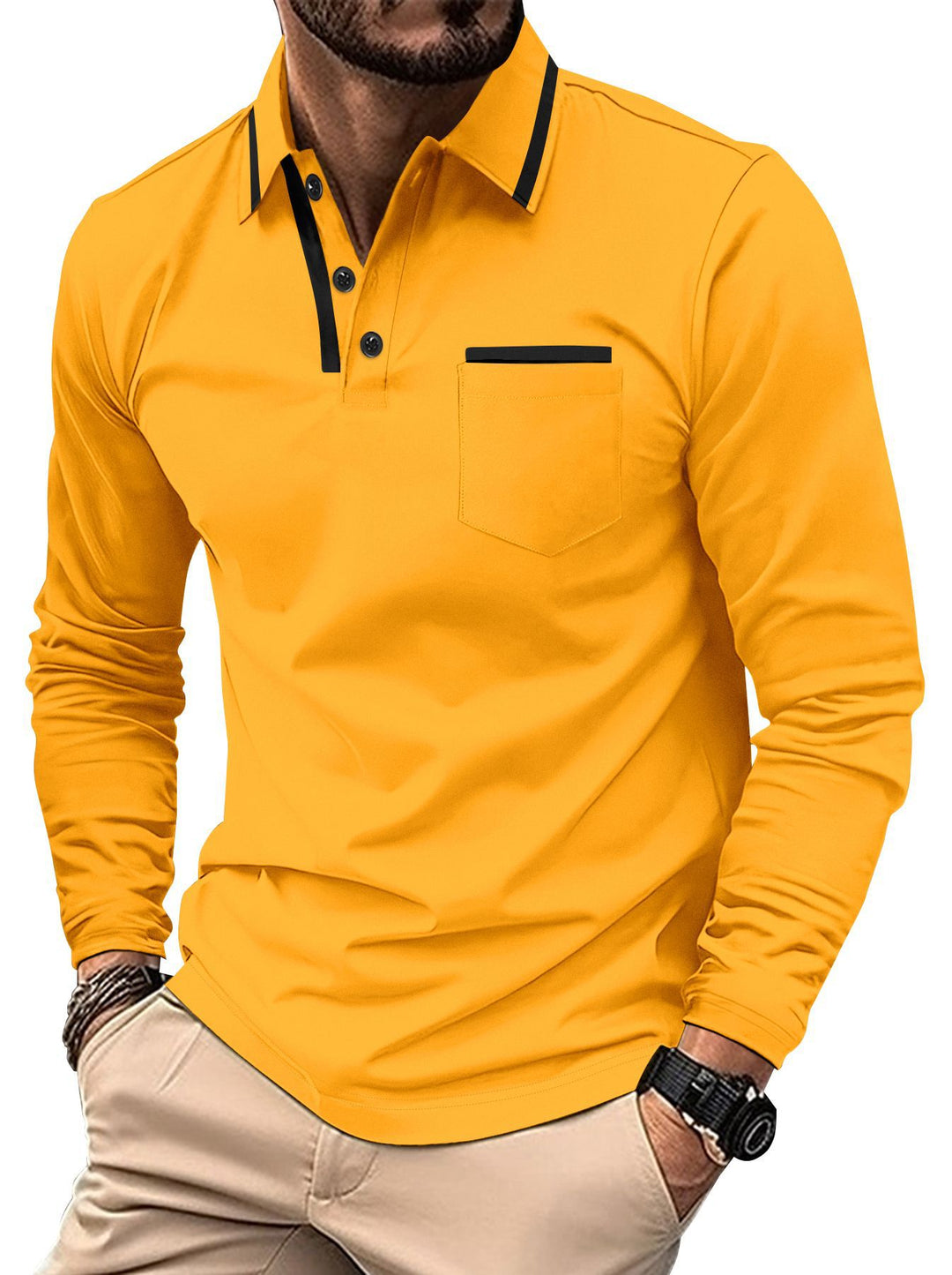 Men's Long Sleeve Polo Shirt with Elegant Contrast Details Lisslune