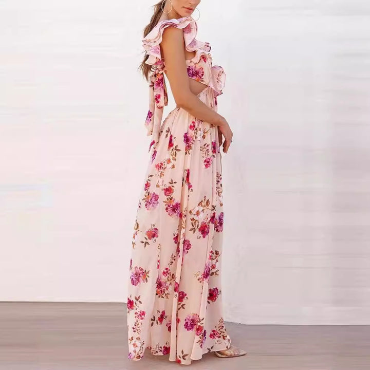 Women's Elegant Maxi Dress with Ruffle Details and Floral Design