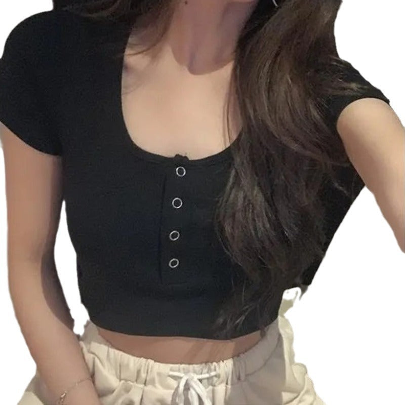 Women's Crop Top T-Shirt with Button Placket and Elastic Waistband Lisslune