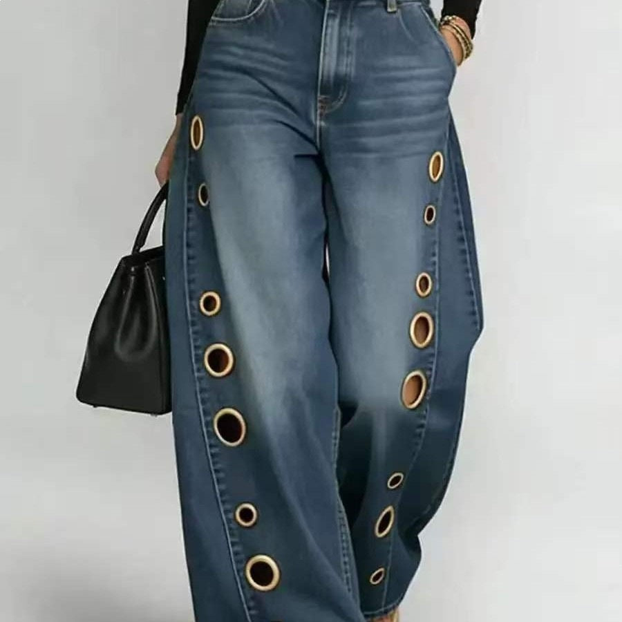 Women's Wide-Cut Jeans with Decorative Eyelets and High Waist Lisslune