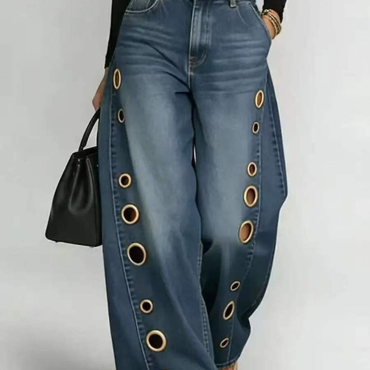 Women's Wide-Cut Jeans with Decorative Eyelets and High Waist Lisslune