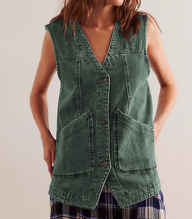 Women's denim overalls jacket with practical pockets and stylish V-neck Lisslune