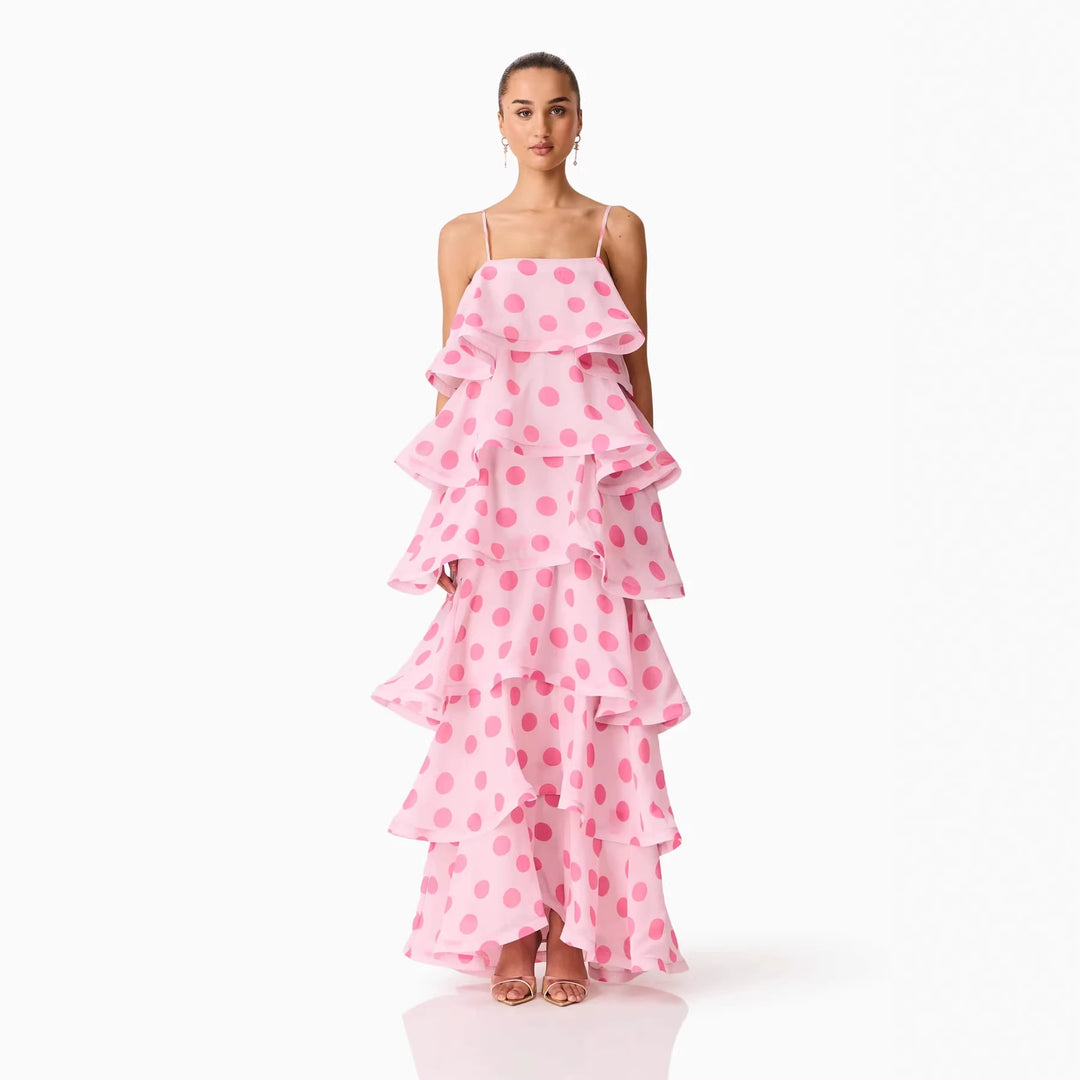 Ladies maxi dress with playful ruffles and dots Lune London