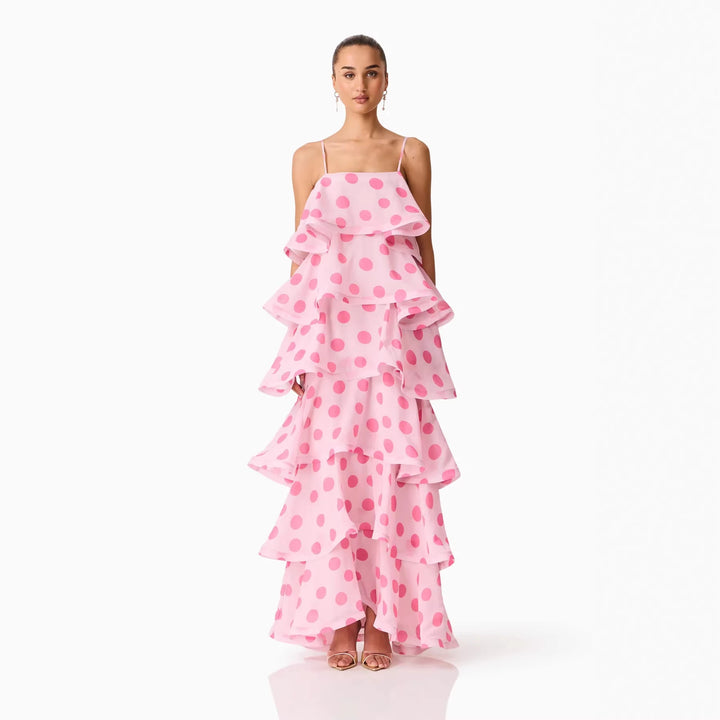 Ladies maxi dress with playful ruffles and dots Lune London