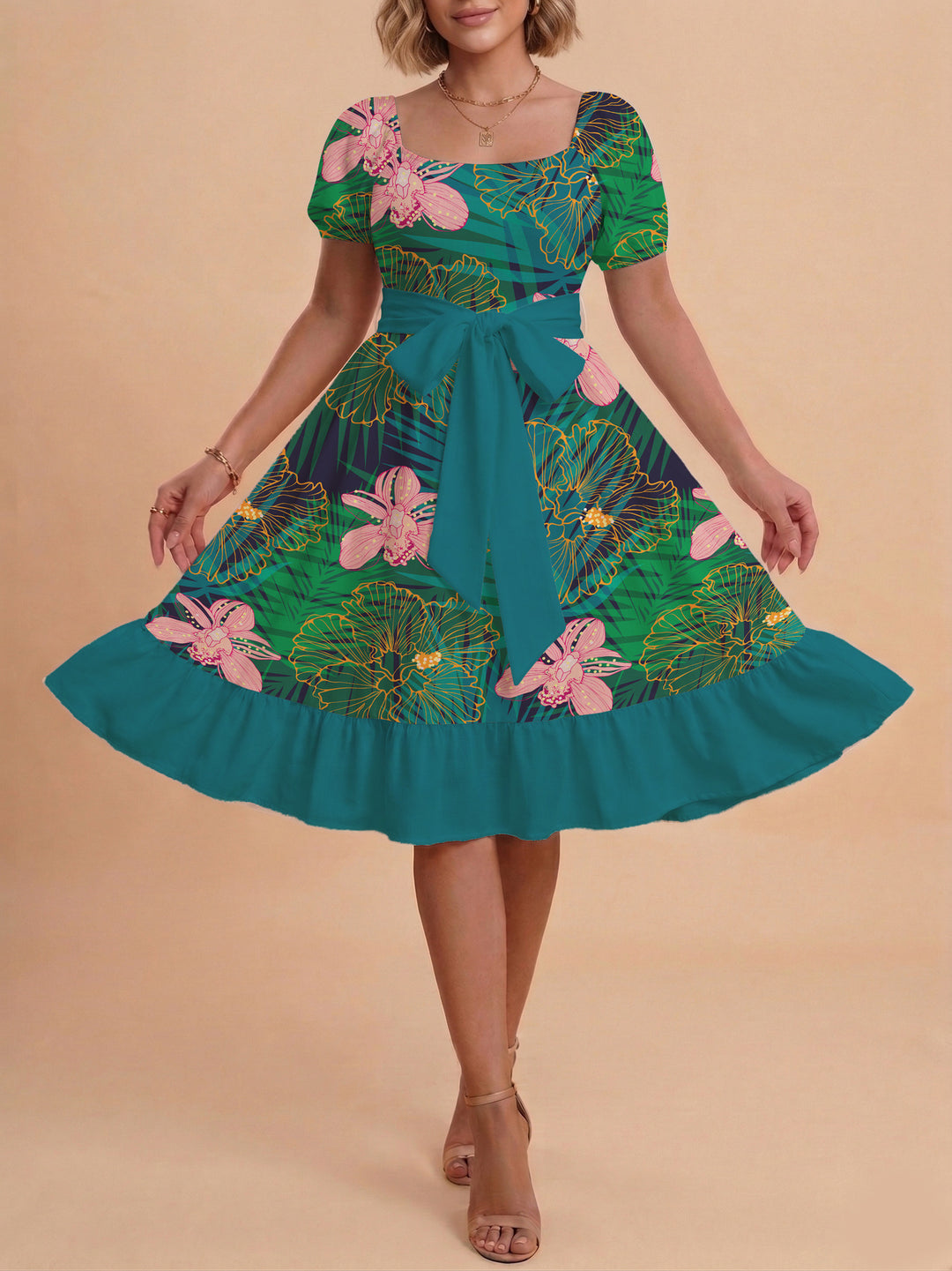 Women's floral dress with adjustable belt and voluminous sleeves Lisslune