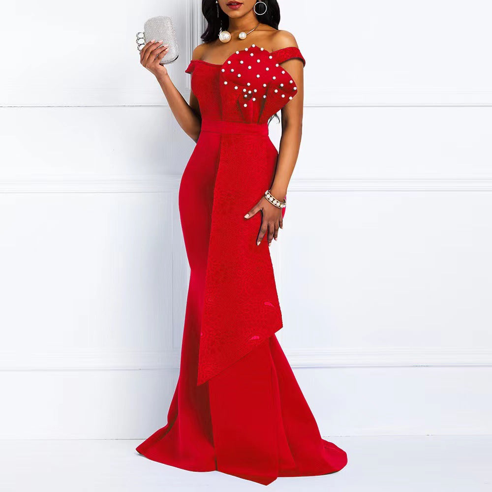 Women's evening maxi dress with off-shoulder design and luxurious lace appliqués Lisslune