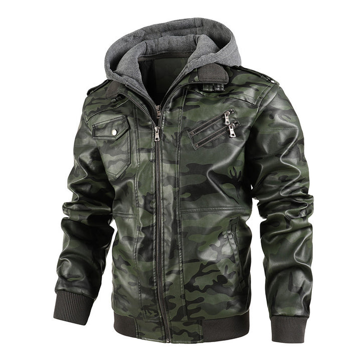 Men's Synthetic Leather Jacket with Removable Hood and Multifunctional Pockets Lisslune