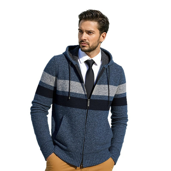 Men's fashionable knit hoodie with contrasting decorative stripes and practical pockets Lisslune