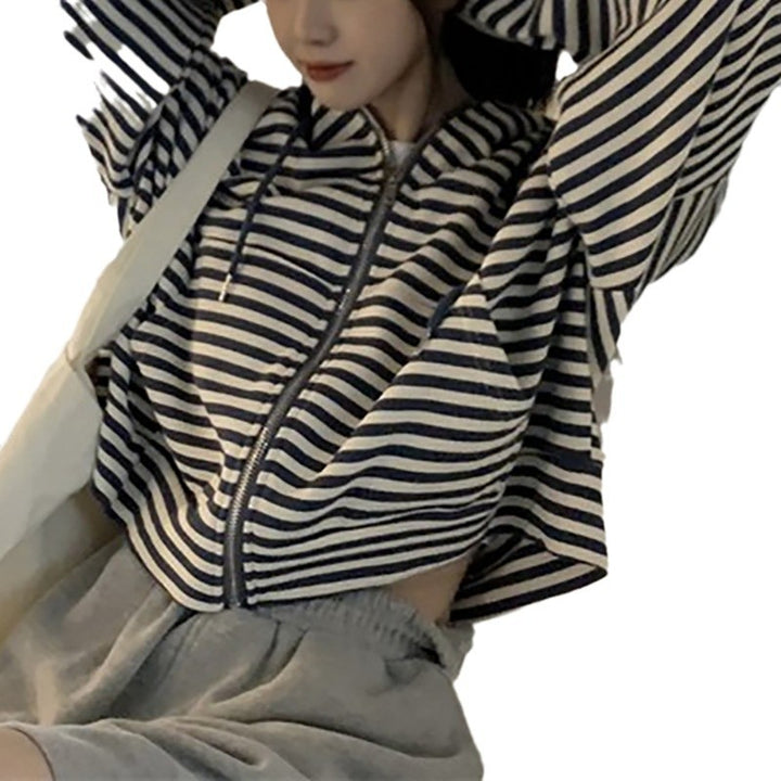 Women's striped zip hoodie with a casual cut and deep collar