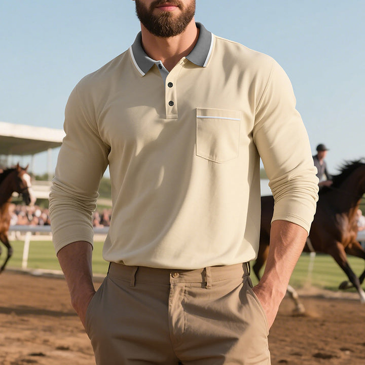 Men's stylish long sleeve polo shirt with textured surface and practical chest pocket Lisslune