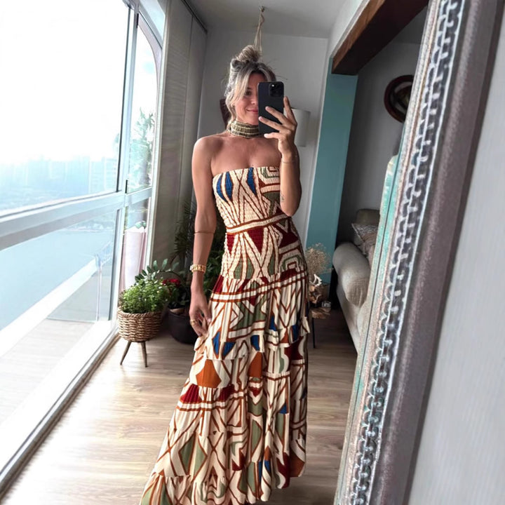 Women's maxi dress with sophisticated ruffle design and elastic waist insert Lune London