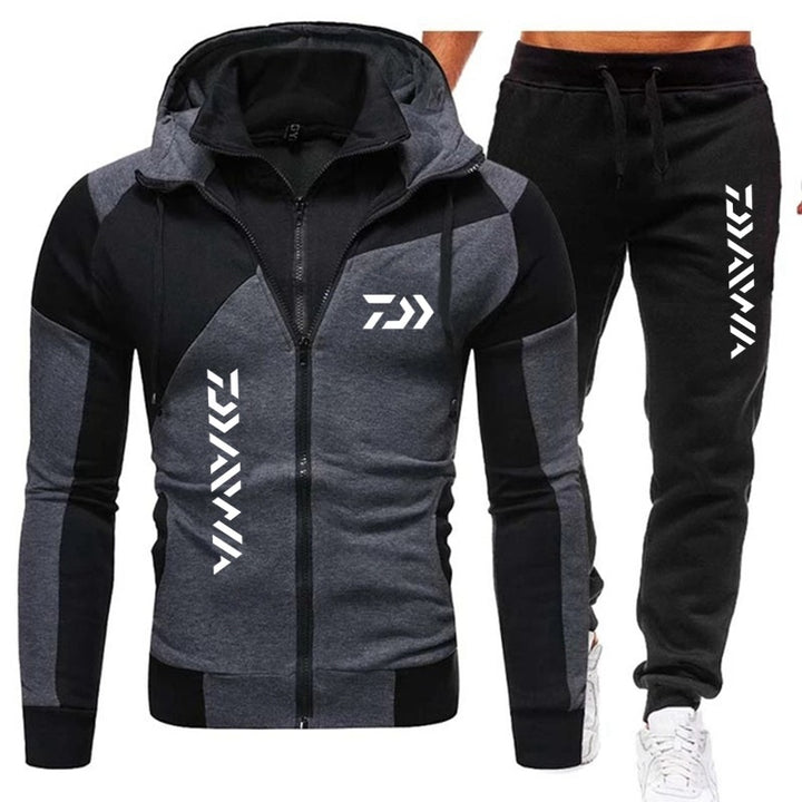 Men's Sporty Fitness Suit Set with Hooded Jacket and Contrasting Pants Lisslune