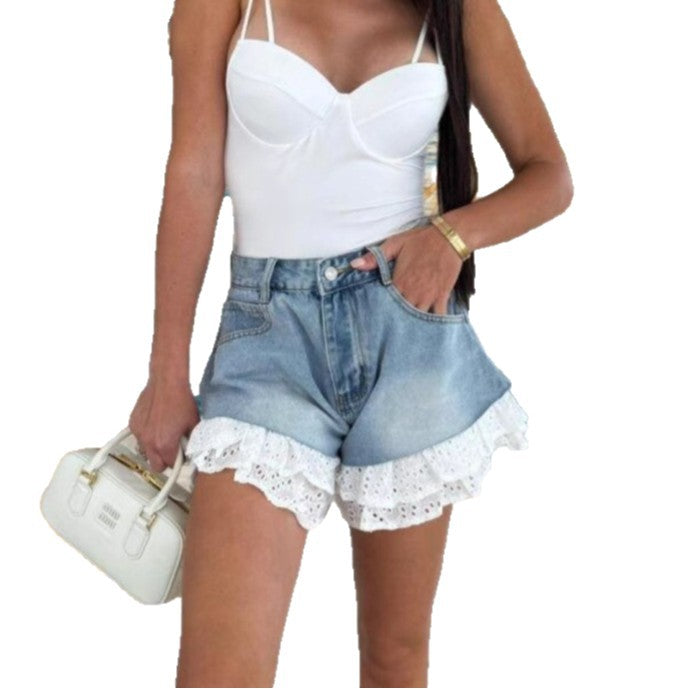 Ladies' denim shorts with decorative lace trim and high waistband Lisslune