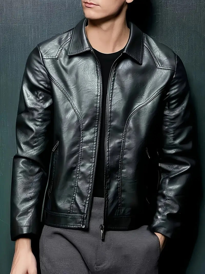 Men's Elegant Synthetic Leather Jacket with Modern Cut and Practical Pockets Lisslune