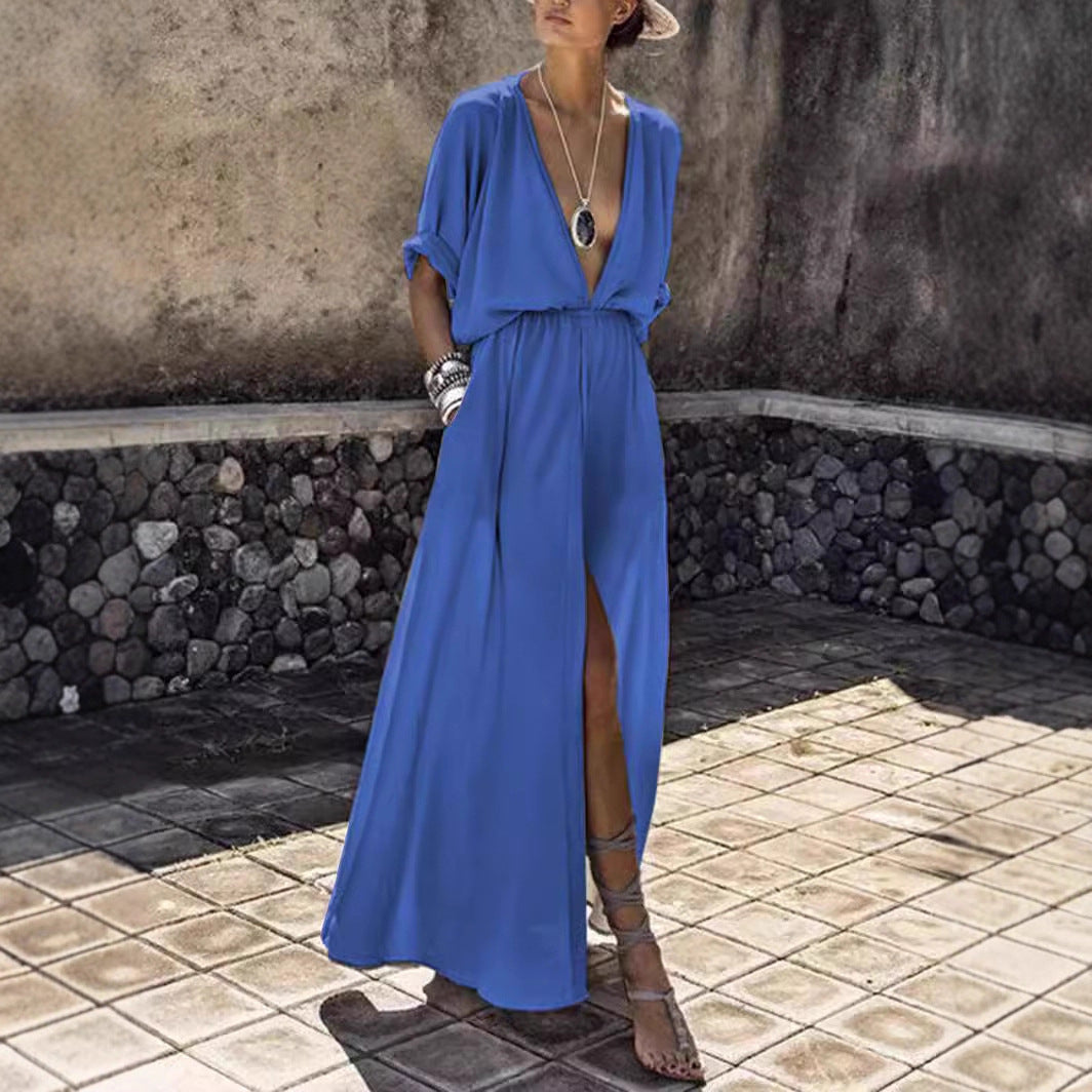 Women's Elegant Maxi Dress with Deep V-Neck and High Slit Lisslune