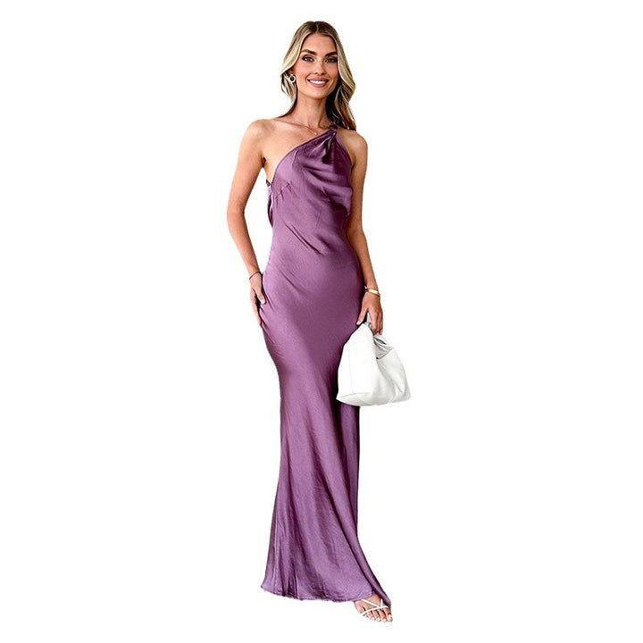 Women's Elegant Maxi Dress with Asymmetrical Strap and Flowing Satin Fall Lisslune