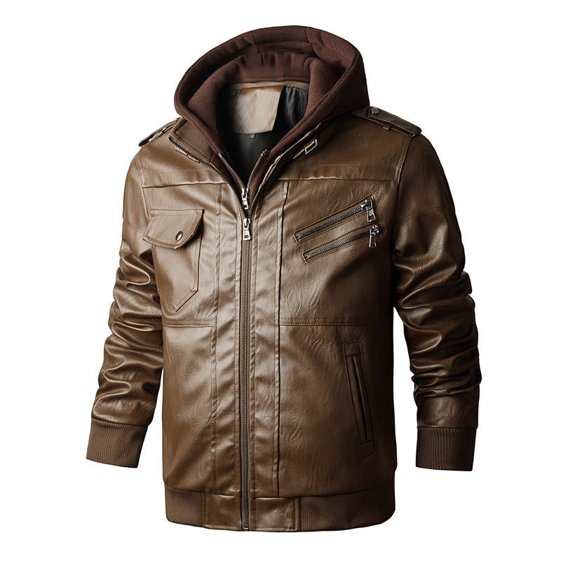 Men's Leather Jacket with Integrated Hood and Practical Pockets Lisslune