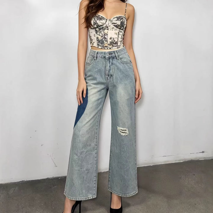 Damen weit geschnittene Denim-Jeans mit einzigartigen Farbakzenten Lisslune