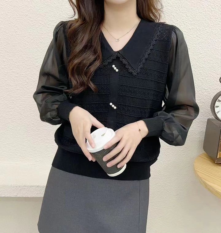 Women's blouse with lace collar and decorative buttons