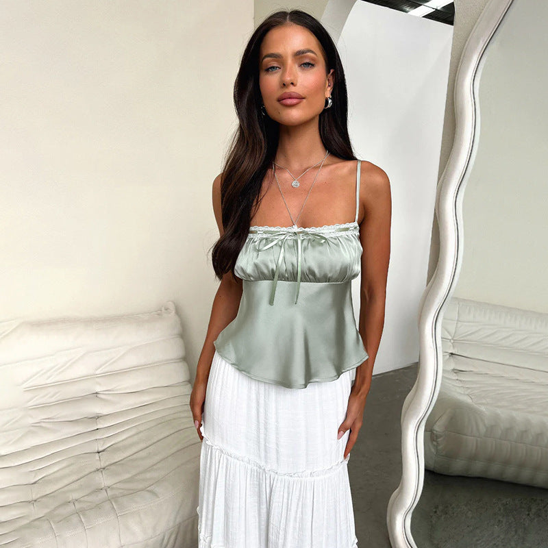 Ladies satin camisole with adjustable spaghetti straps and lace trim Lune London