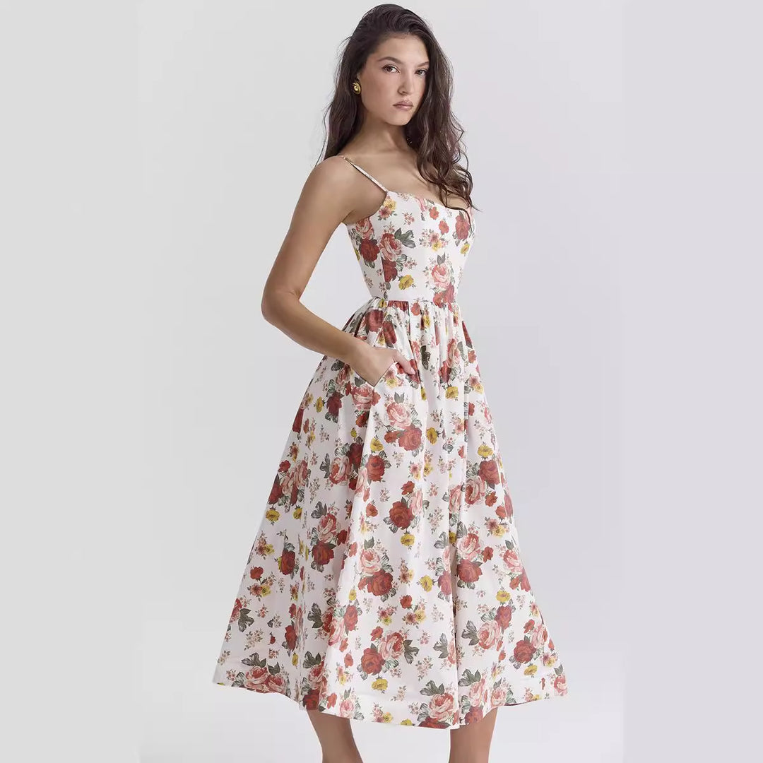 Women’s midi floral dress with strapless style and swinging skirt Lisslune
