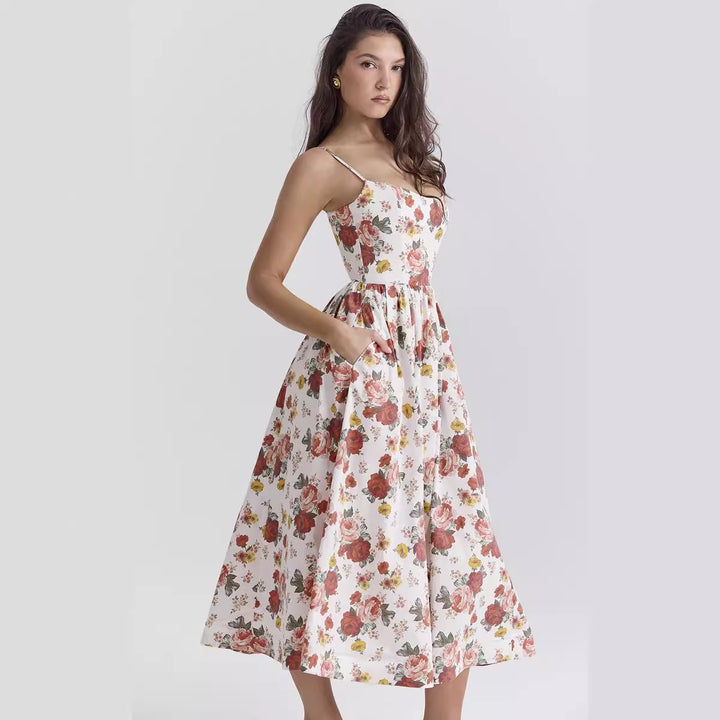 Women’s midi floral dress with strapless style and swinging skirt Lisslune