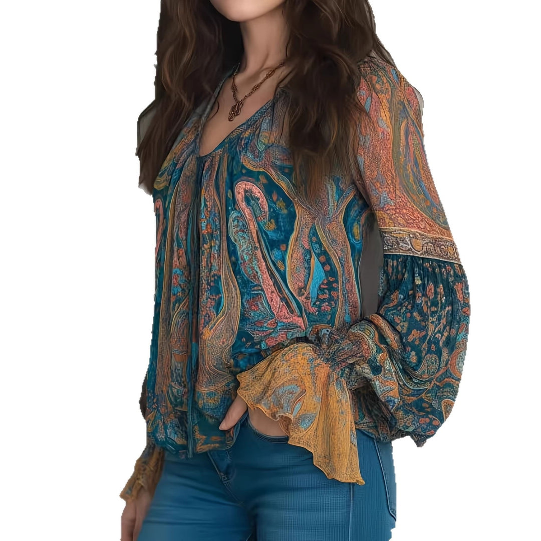 Damen Boho-Chic Bluse mit geflammten Ärmeln und V-Ausschnitt Lisslune