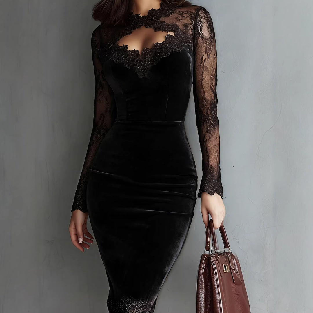 Women Elegant Velvet Dress with Lace Inserts and Tailored Cut Lisslune