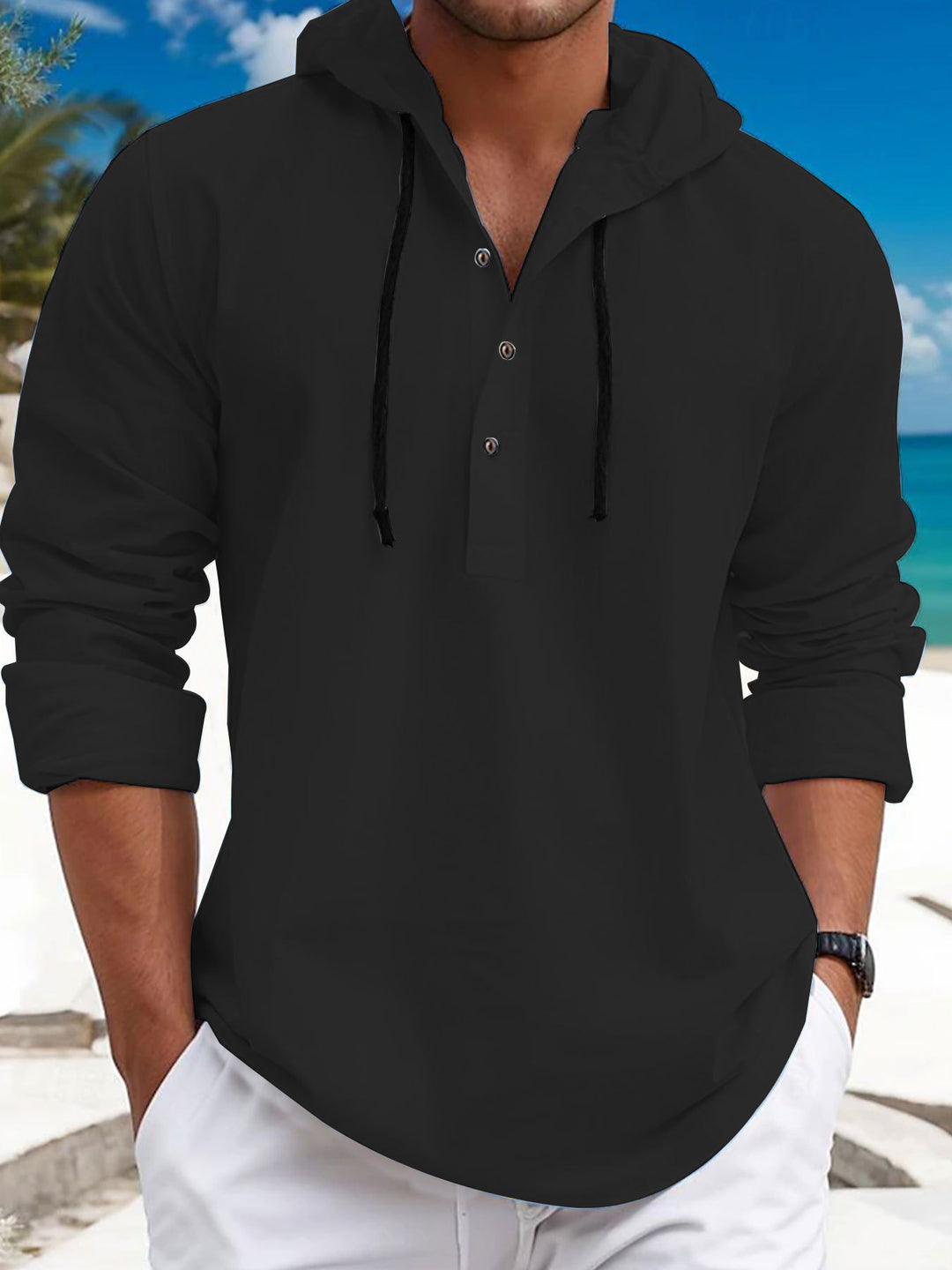 Men's hoodie with button placket and breathable fabric Lisslune