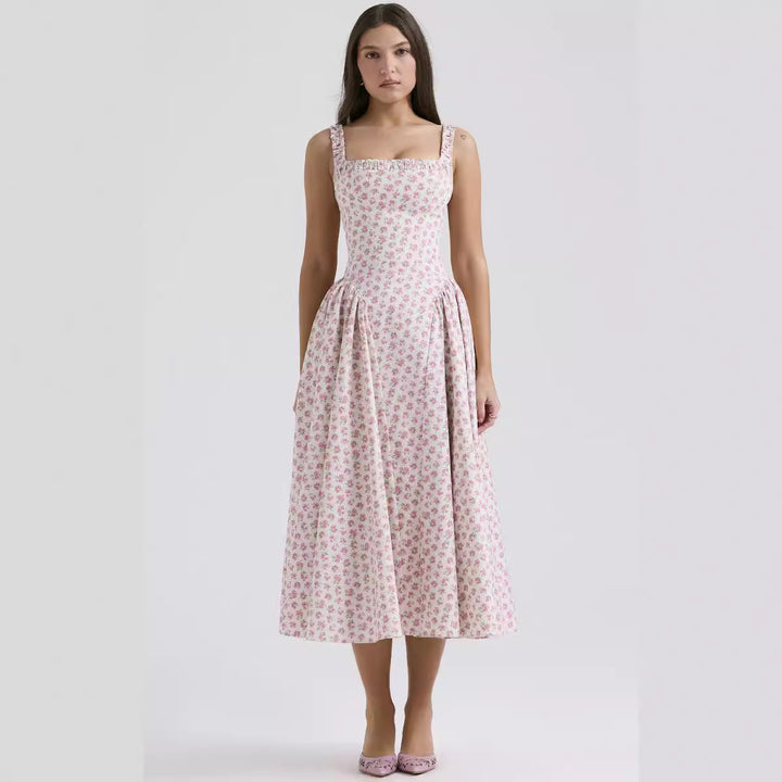 Women’s midi dress with floral pattern and flared skirt Lune London