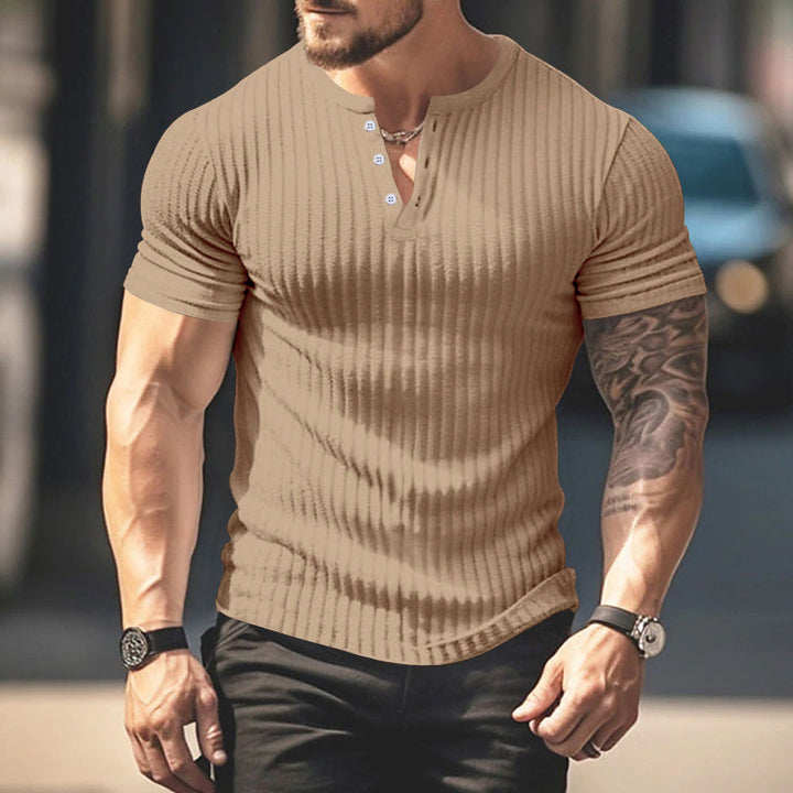 Men's Short Sleeve Ribbed Shirt with Fashionable Henley Neckline Lisslune