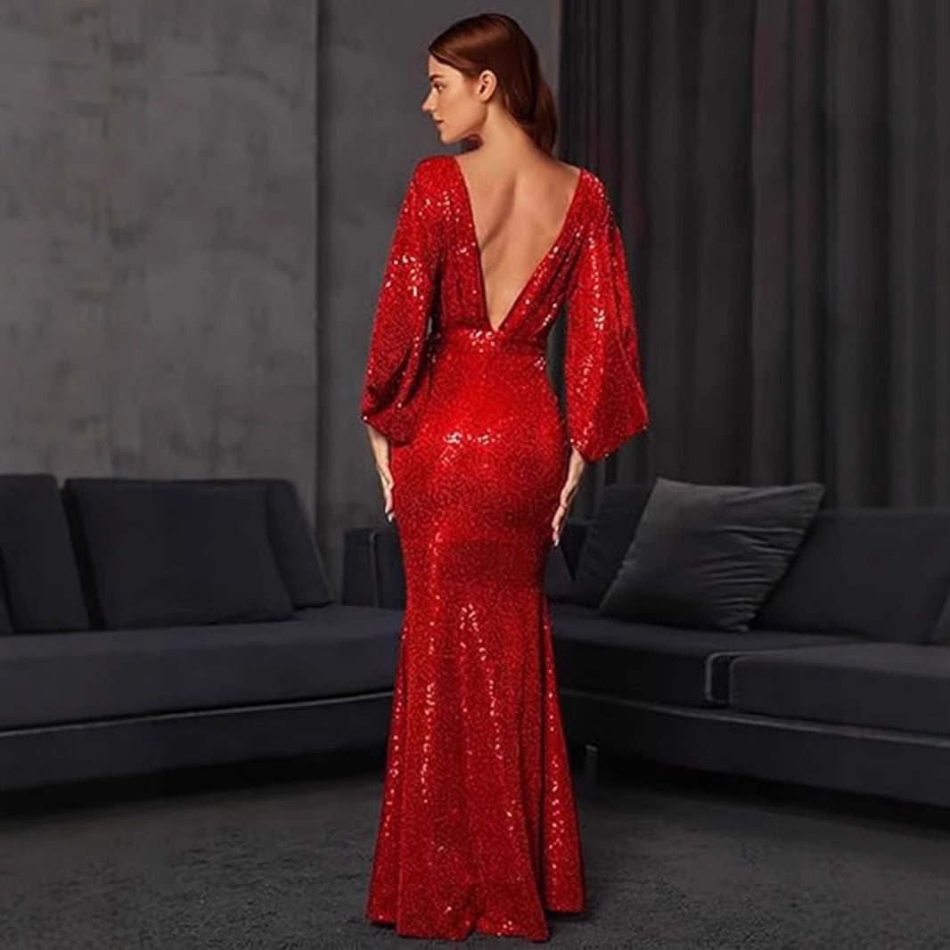 Women's Glamorous Sequin Evening Dress with Deep V-Neck and Flowing Skirt Lisslune