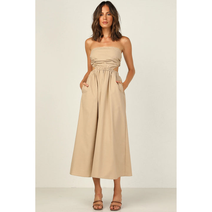 Women Strapless Maxi Dress with Side Cut-Out and Practical Pocket Design Lune London