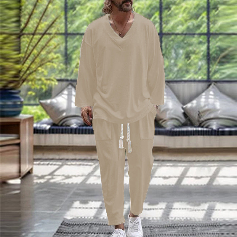 Men's Casual Lounge Set with V-Neck and Elastic Waistband Lisslune