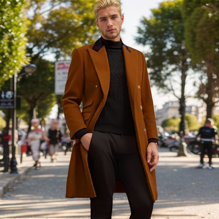 Men's modern urban coat with double-breasted button closure and velvet collar Lisslune