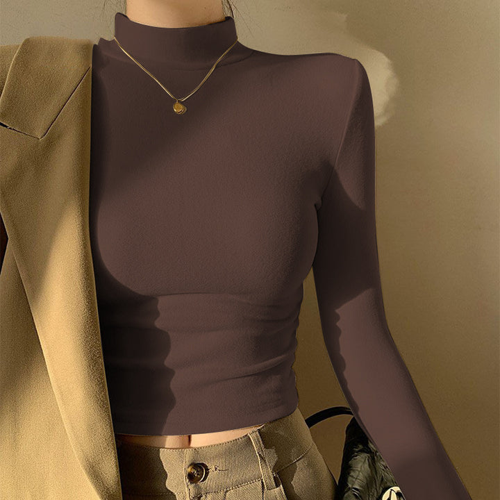 Women's Long Sleeve Crop Top with High Collar and Fitted Cut