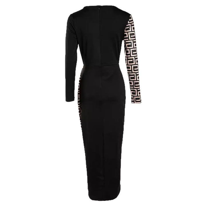 Women's fitted wrap dress with graphic pattern and high slit
