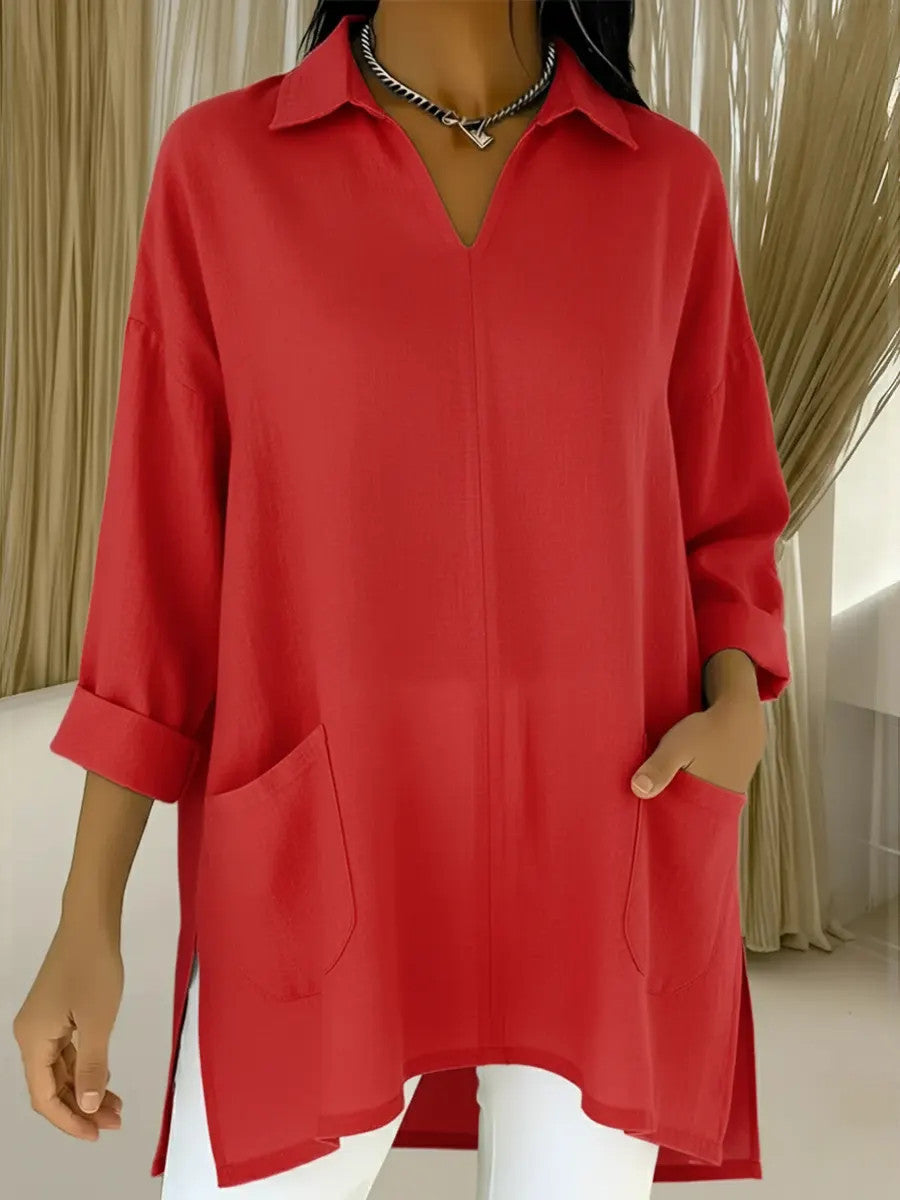Women’s long sleeve blouse with elegant V-neck and practical pockets Lisslune