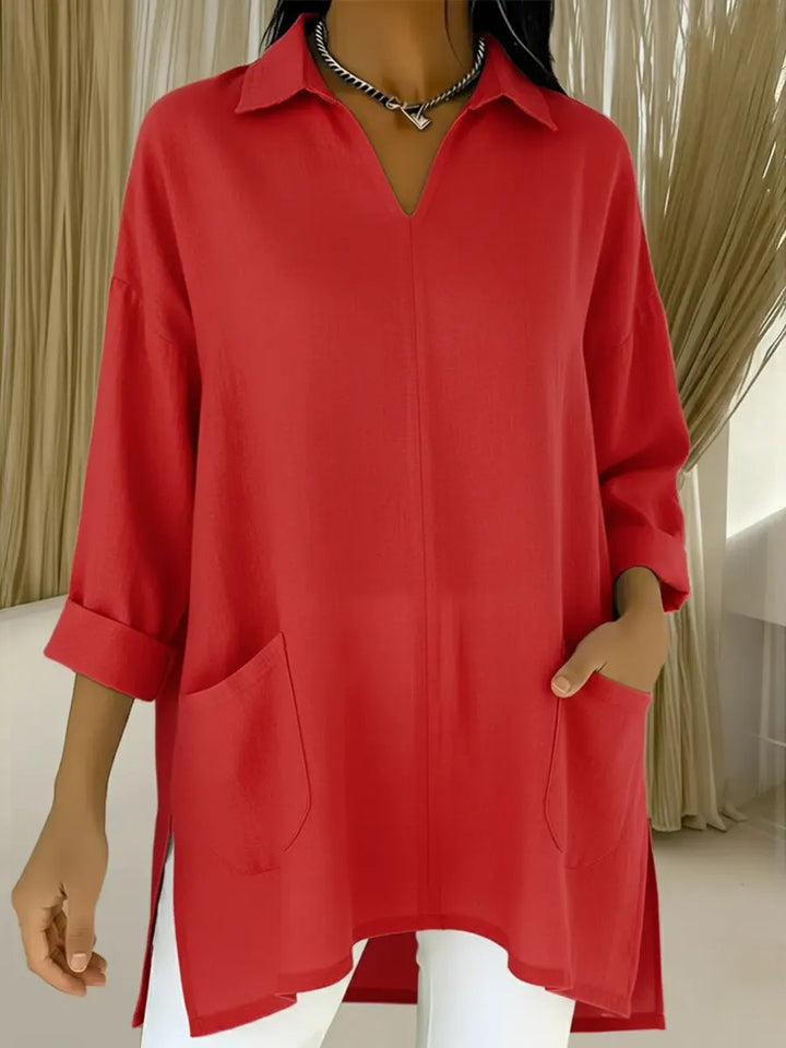 Women’s long sleeve blouse with elegant V-neck and practical pockets Lisslune