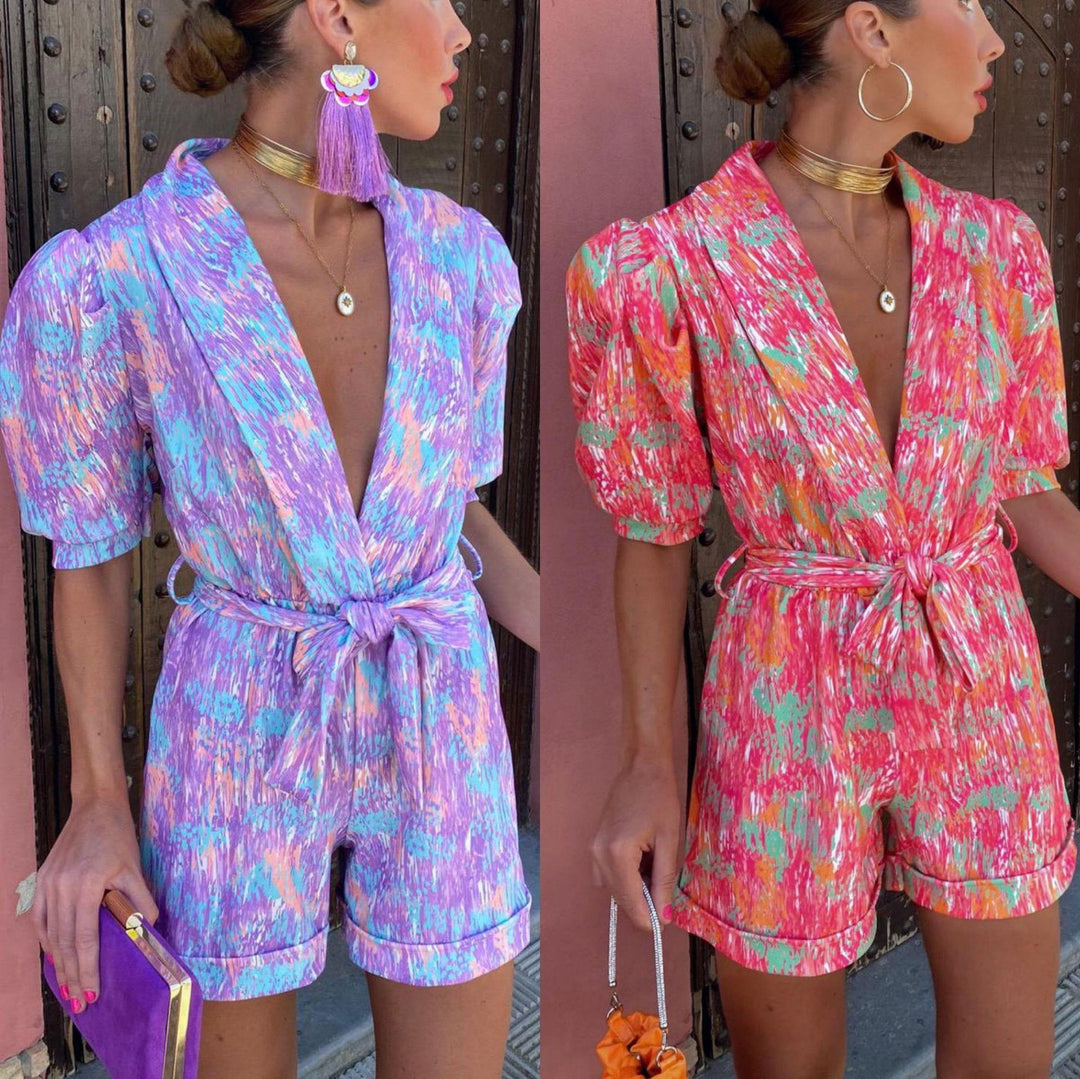 Women Elegant Jumpsuit with Deep V-Neck and Buttonable Belt Lisslune