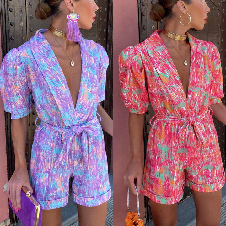 Women Elegant Jumpsuit with Deep V-Neck and Buttonable Belt Lisslune