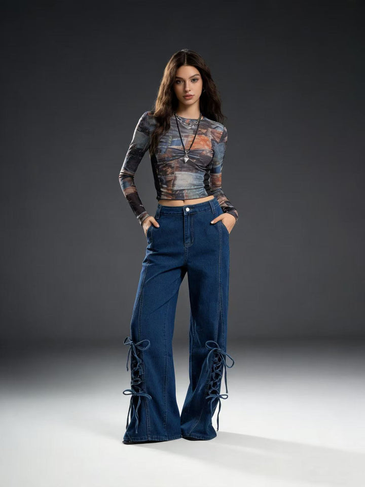 Damen Schlagjeans mit trendigem Schnürdetail und weitem Bein Lisslune