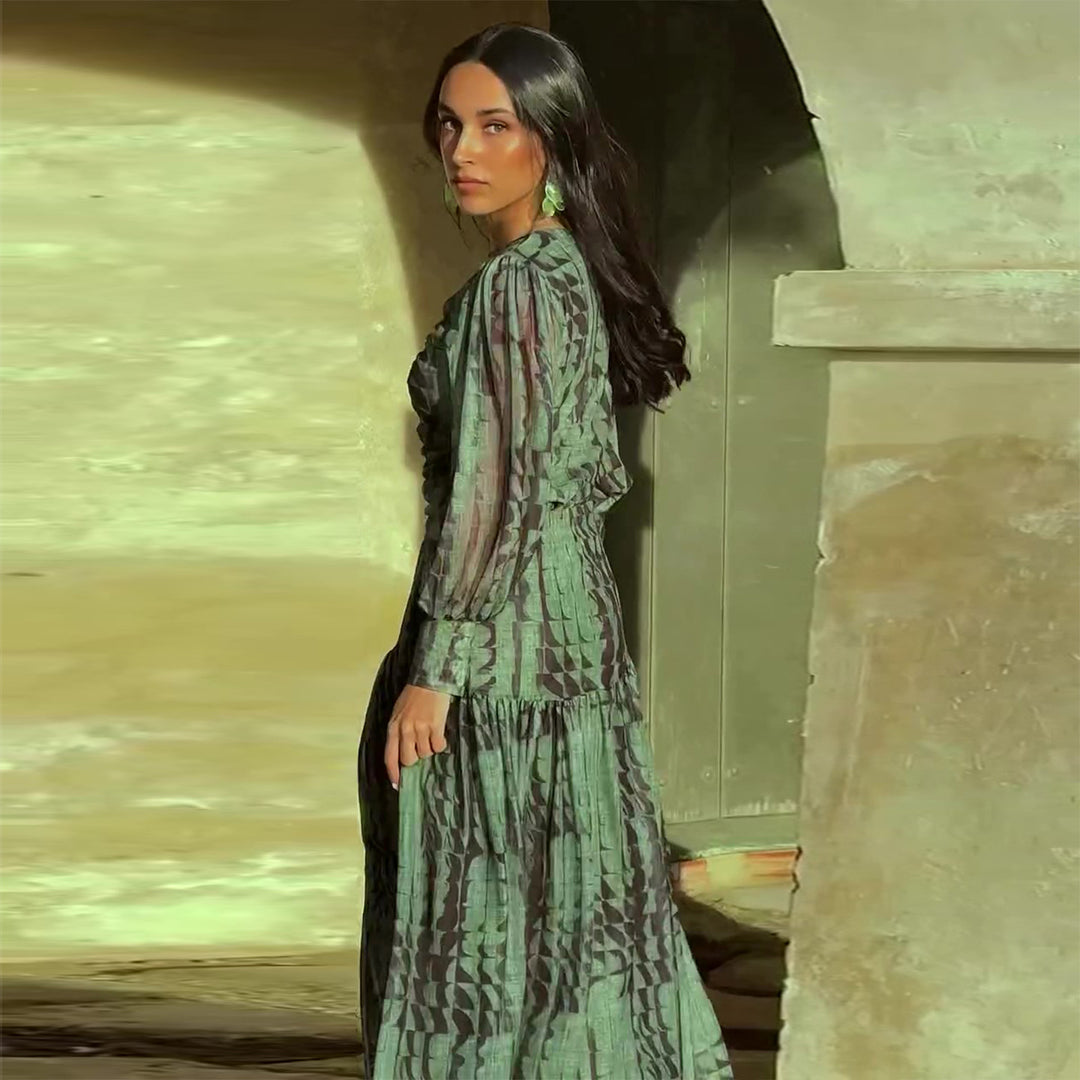 Ladies midi dress with sophisticated pleats and V-neck