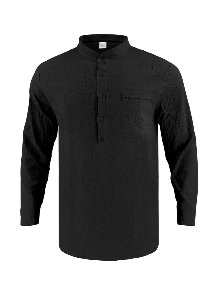 Men's Casual Long Sleeve Shirt with Stand-Up Collar and Practical Chest Pocket Lisslune